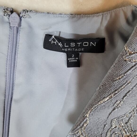 Halston Heritage Metallic Jacquard High/low Cocktail Dress In Silver Grey - 2 - Picture 8 of 10